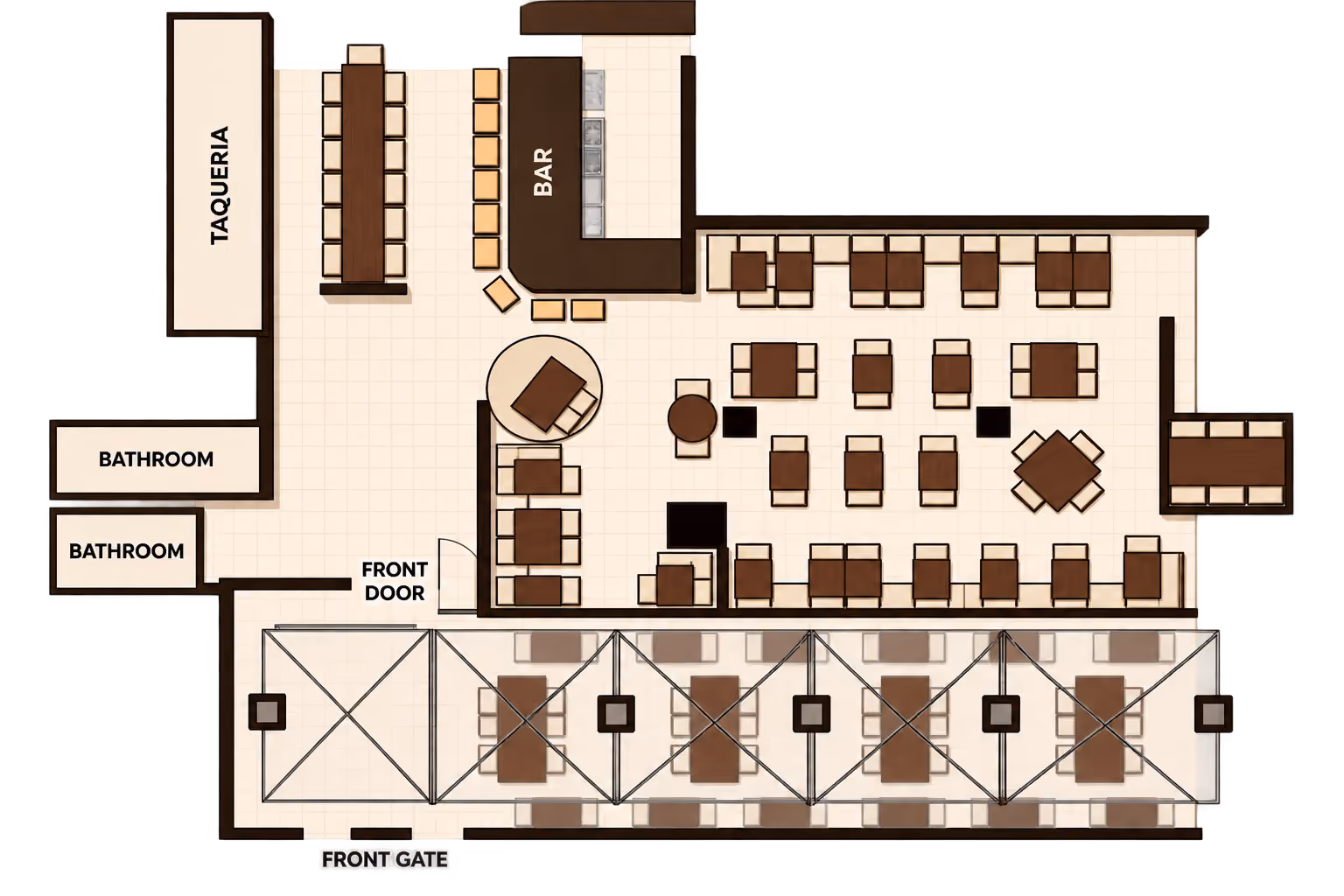 Tropisueño private event floor plan showing indoor dining tables, bar, taqueria, entrance, and covered outdoor patio seating.