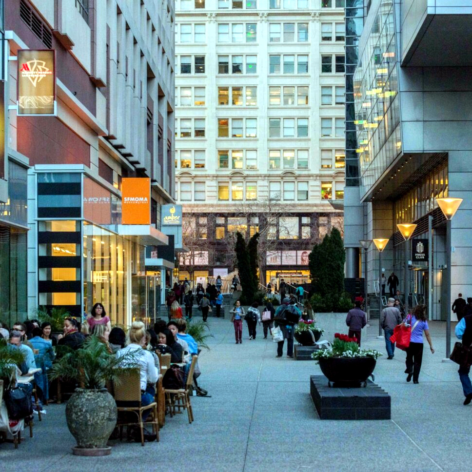 Pedestrian plaza on Yerba Buena Lane near Moscone Center and SFMOMA in downtown San Francisco.
